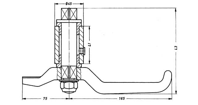 DOG ASSEMBLY W/1 HANDLE #104B, SQUARE SHAFT DISTANCE 145MM