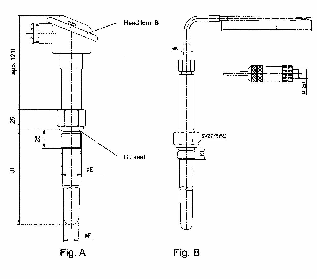 W25: Temp Sensor for Exhaust Gas, 14/17 mm Dia, G3/4 Conn
