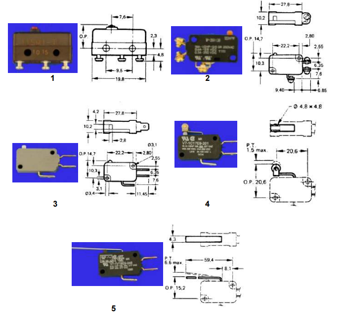 Microswitches, with single pole change over contact